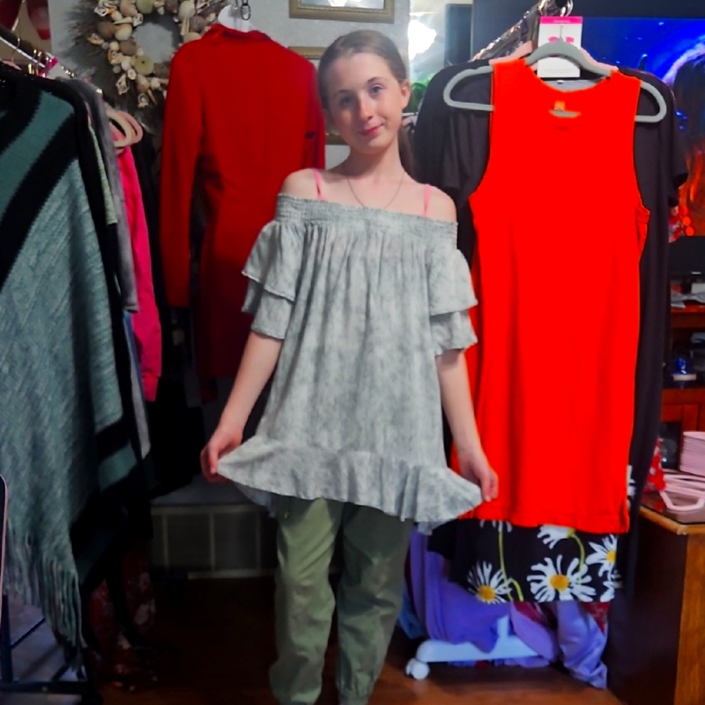 Green marbled Off-Shoulder Ruffle top by Romeo and Juliet Couture.